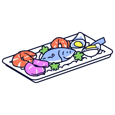 A seafood platter arranged on a rectangular white serving tray. The platter features a variety of colorful items including several cooked shrimp, glistening with a light sheen. There are a few oysters, their shells half-opened, revealing the moist, pearlescent flesh inside. A whole fish, garnished with slices of lemon, is placed prominently in the center of the platter. The seafood is presented on a bed of crushed ice, with small sprigs of parsley scattered around for decoration.