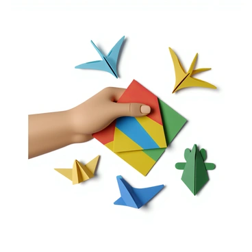 A right hand folding colorful paper to create intricate origami figures.