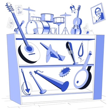 An array of quirky musical instruments with atomic designs displayed at a vintage music store.