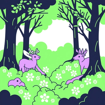 A dense forest with tall trees and a thick canopy. The ground is covered in rich, green foliage, interspersed with "luminous flowers" that emit a glowing light. Among the trees, several "mystical creatures" are peeking through the leaves, their features partially hidden. The creatures include a small, winged figure with delicate wings and a larger, enchanting creature resembling a deer with antlers adorned with flowers. Sunlight filters through the branches, casting intricate patterns on the forest floor.