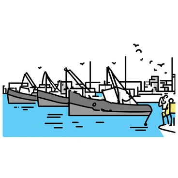 A fleet of industrial fishing barges, painted in shades of blue and white, is lined up at a busy port. Each barge has large, weathered fishing nets hanging over the sides. Cranes are positioned along the dock, ready to unload equipment and supplies. The water is slightly rippled, reflecting the barges and the clear sky above. In the background, there are warehouses and containers stacked high, indicating the bustling activity of the port. Several workers wearing bright yellow vests are moving about, preparing for the day's work, while seagulls fly overhead.