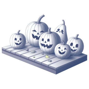 A porch with wooden floorboards holds a collection of carved pumpkins. Each pumpkin has a distinct, cute, smiling face, showcasing various expressions that add character. The pumpkins vary in size, with the largest being centered and the smallest arranged around it. The porch is decorated with subtle autumn elements, such as scattered fallen leaves around the pumpkins, enhancing the seasonal atmosphere.