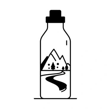 A stainless steel water bottle is standing upright on a flat surface. The bottle features a minimalist design depicting a mountain landscape, with sharp peaks and gentle slopes outlined in black. The mountains are contrasted with small details like a few sparse trees and a winding line representing a river. The overall design is sleek and modern, emphasizing the simplicity and elegance of the mountain scene. The bottle's cap is also visible, closely fitted on top.