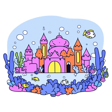 A majestic kingdom built underwater. The scene features coral palaces with intricate designs, showcasing a variety of colors like pink, orange, and purple. Surrounding the palaces are lush gardens filled with vibrant sea plants and flowers. Schools of fish in various shapes and sizes swim gracefully around the structures. Bubbles rise softly from the ocean floor, adding texture to the serene underwater environment. Light filters through the water, creating a dappled effect across the landscape.