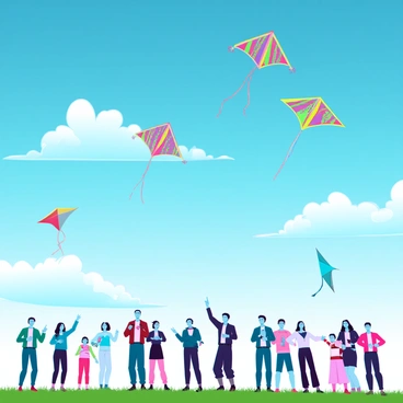 A clear blue sky with a few fluffy white clouds scattered throughout. Colorful kites of various shapes and sizes are soaring high, displaying vibrant patterns in shades of red, yellow, green, and blue. Some kites have unique designs, such as a dragon shape and a butterfly shape, while others are simple diamond-shaped kites. Below, a diverse crowd of people of all ages, including children and adults, are standing on a grassy field, some holding kite strings, while others are cheering and pointing at the kites above.