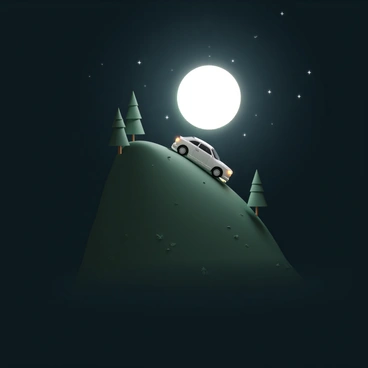 A car driving up a hill under a full moon, casting shadows on the landscape