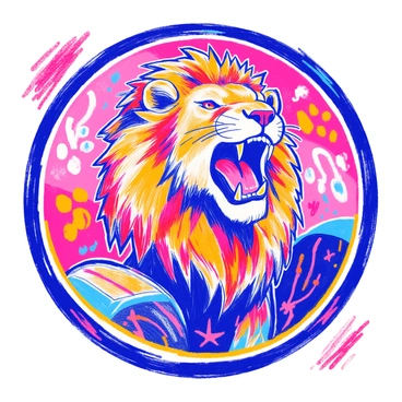 A skateboard logo features a "roaring lion" illustration with a fierce expression, showcasing sharp teeth and intense eyes. The lion's mane is portrayed in "bold colors," with vibrant shades of orange, yellow, and red that create a dynamic effect. The background is adorned with stylized elements like tire tracks and graffiti-inspired shapes that enhance the energetic vibe of the design. The logo is framed by a circular border, complementing the fierce imagery of the lion.