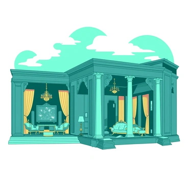 A teal opulent palace stands majestically against a backdrop of a clear sky. The grand architecture features tall, ornate columns and intricate carvings adorning the exterior walls. Large, arched windows are adorned with golden drapes, allowing light to spill into the richly decorated interiors. Inside, the walls are embellished with intricate patterns and marble accents. A magnificent chandelier hangs from the high ceiling, casting a warm glow over the elegantly furnished rooms filled with luxurious furniture and lavish tapestries.
