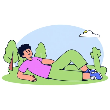 A person performing a glute bridge exercise on a grassy surface. The individual is lying on their back with their knees bent and feet flat on the ground. Their arms are resting at their sides. Sunlight is gently illuminating the scene, creating soft shadows on the ground. A few trees are visible in the background, with a clear blue sky above. The overall atmosphere is calm and focused on the exercise.