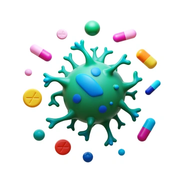 A cluster of cancer cells exhibiting a rugged, mutated appearance, showcasing their resistance to treatments. These cells are surrounded by various pharmaceutical pills and capsules, all displayed in vibrant colors, which appear ineffective against the cancer cells. The contrast emphasizes the resilience of the cancer cells in stark detail.