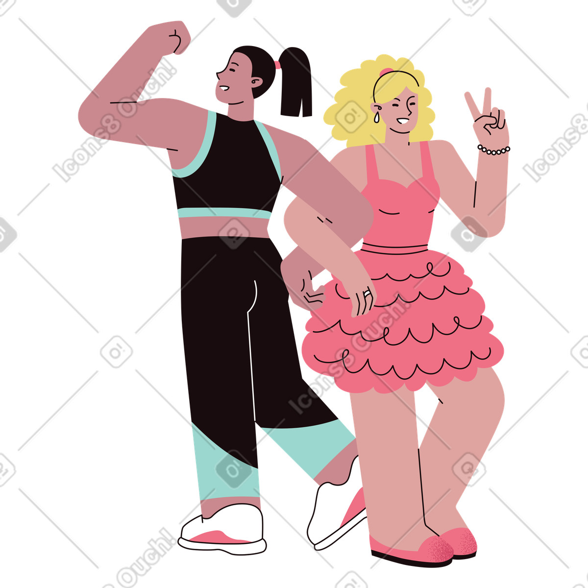 下载 Delight 风格的 Friends holding hands, Women's empowerment and unity 插画，支持 PNG、SVG 格式