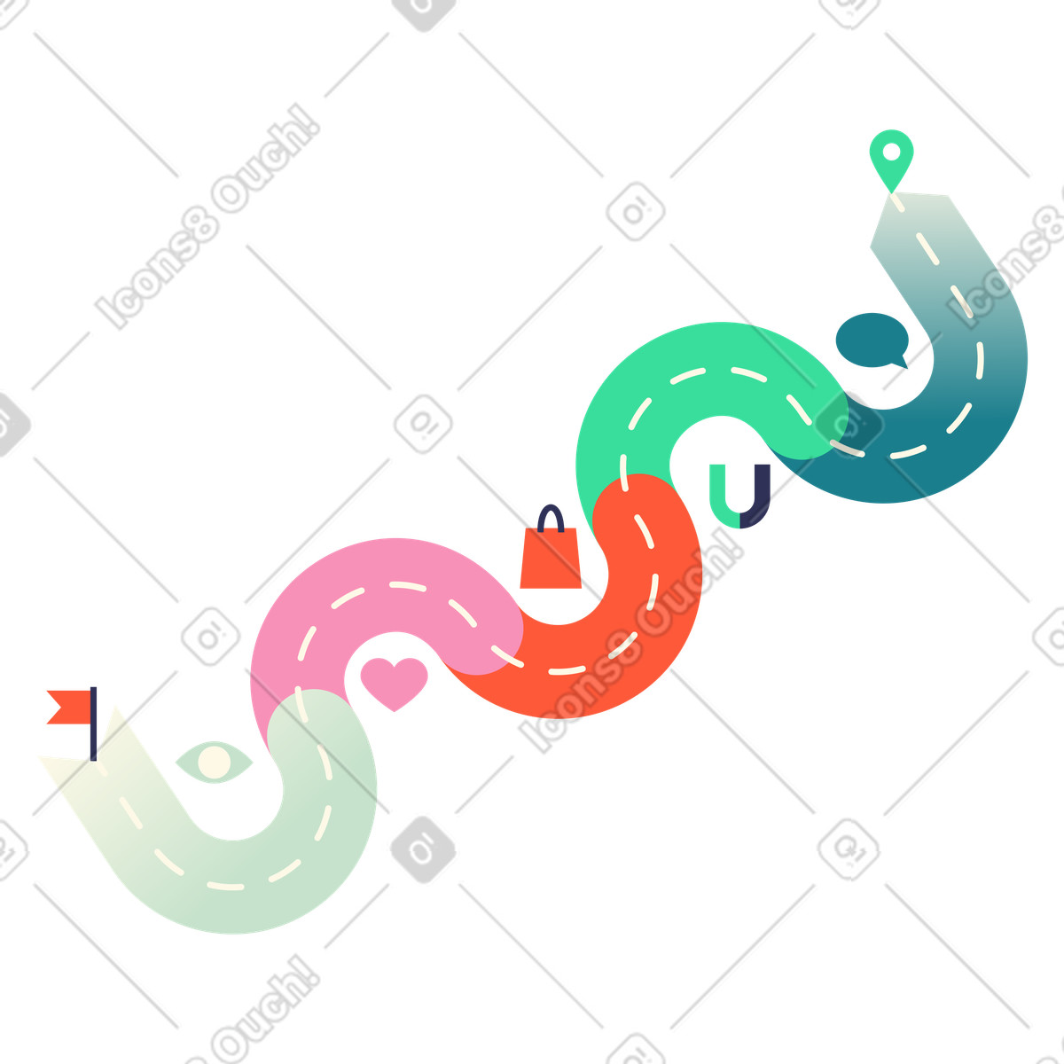 Percorso tortuoso con icone, mappa del cliente, esperienza cliente e di conversione illustrazione animata in stile Beam scaricabile in GIF, Lottie (JSON), AE