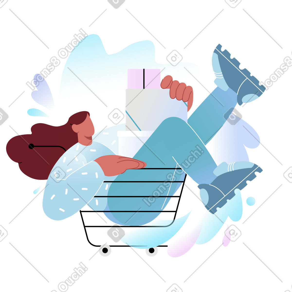 Airy スタイルの Customer sitting in shopping cart and holding gift boxes, holiday retail experience のイラストをPNG、SVG形式でダウンロード