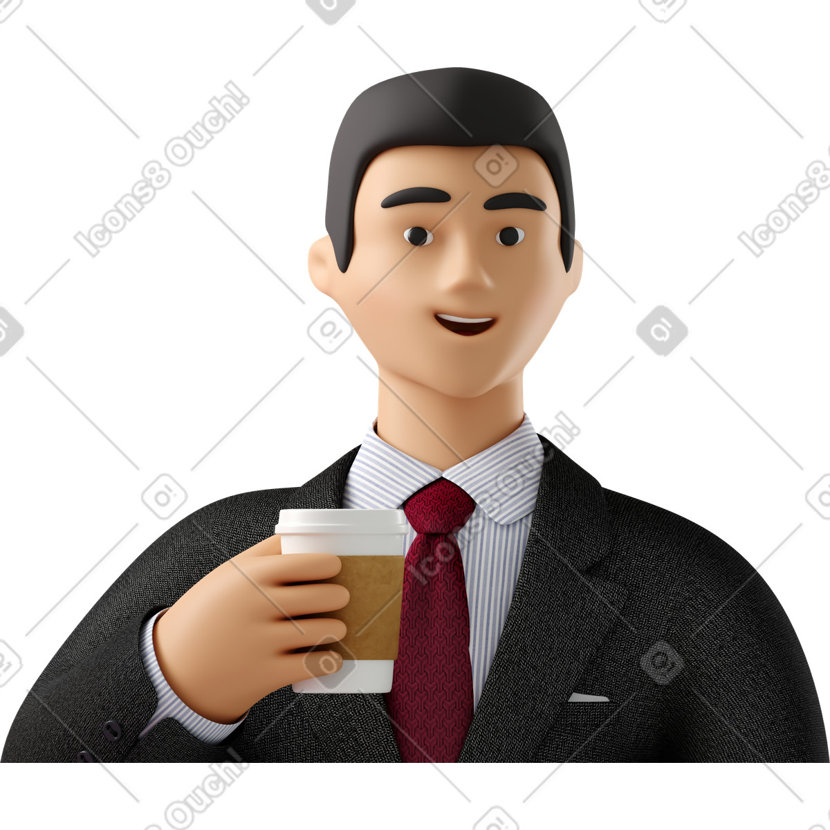 Close up of businessman in black suit with paper coffee cup illustration 3D Business style download PNG, SVG