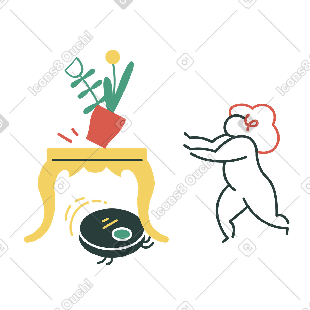 Ilustração de Roomba derrubando um vaso planta da mesa em no estilo Macaroni para baixar em PNG, SVG