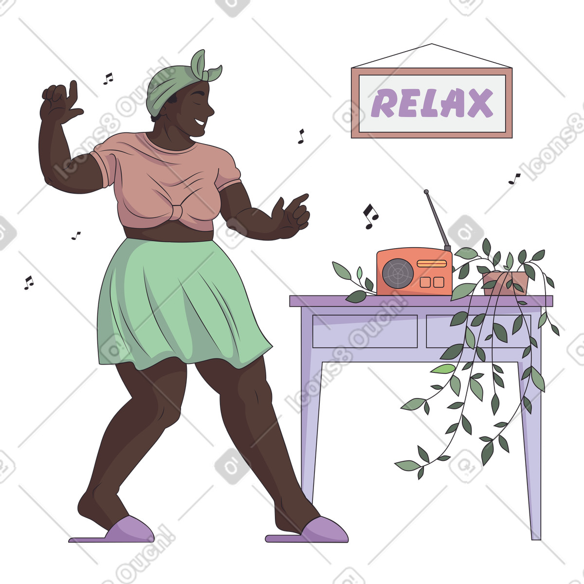 Donna che balla rilassata alla musica illustrazione in stile Eastwood scarica in PNG, SVG