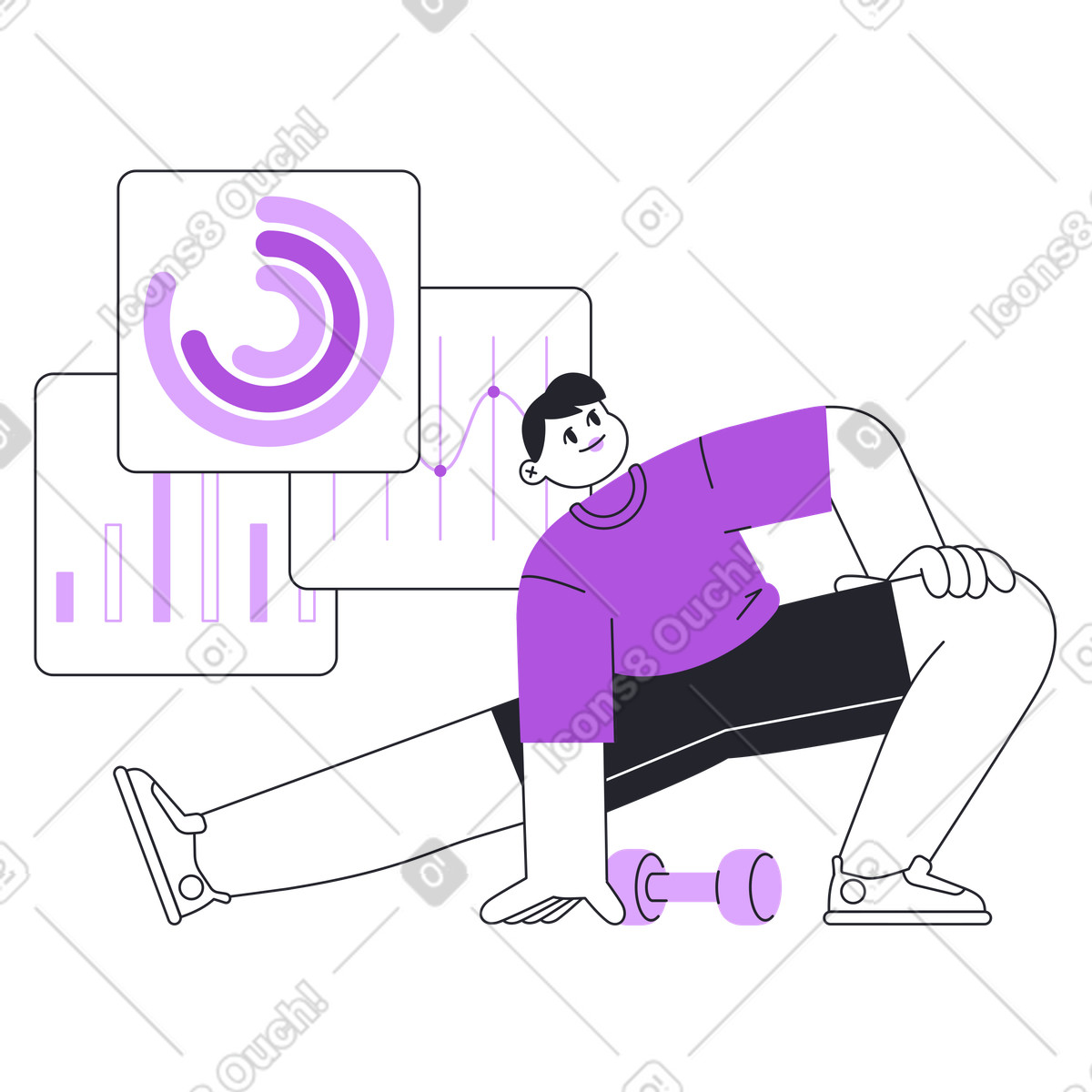 Ilustração de Athlete performs stretching exercises with diagrams behind, Exercise progress or activity analysis em no estilo Grapy para baixar em PNG, SVG