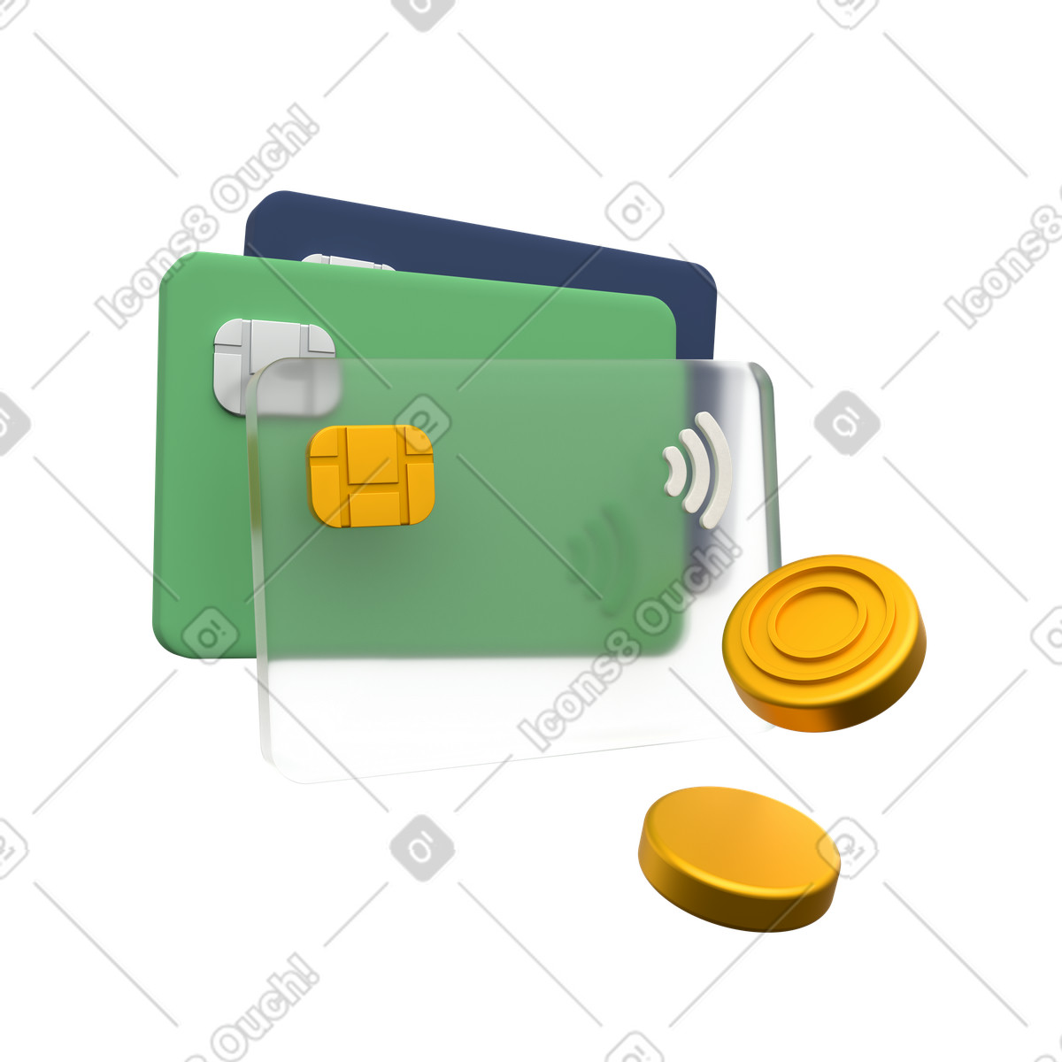 Multiple bank cards with gold coins, personal finance and payment methods illustration in 3D Grid style download in PNG, SVG