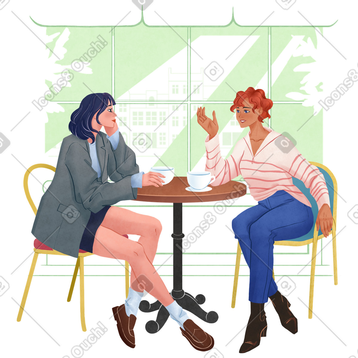 Two woman talking in cafe illustration Lifestyle style download PNG, SVG
