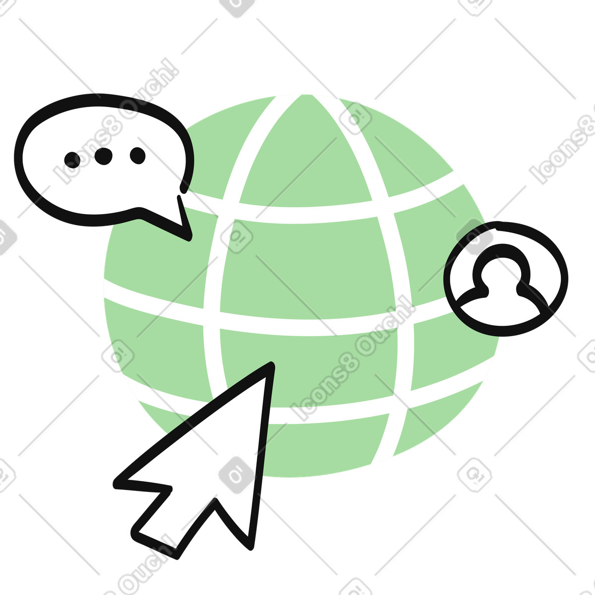Illustration Cursor clicking internet globe for global social networking and messaging dans le style Organic à télécharger aux formats PNG, SVG