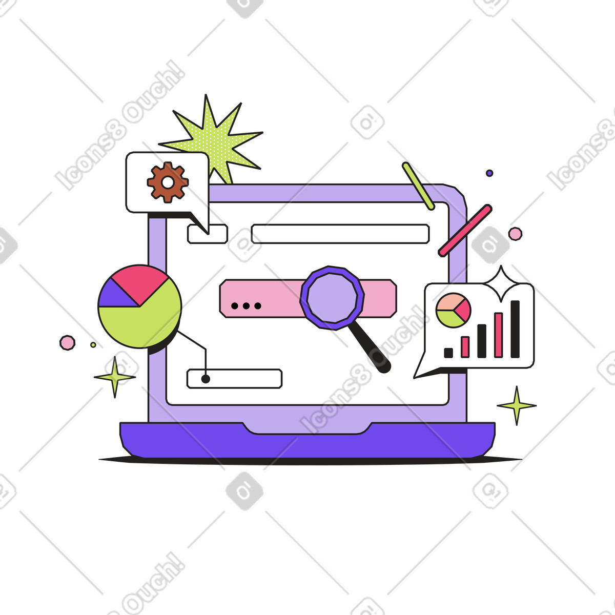 Ilustração animada de Laptop with search bar and analytics charts, Website SEO strategy performance em no estilo Dazzle para baixar em GIF, Lottie (JSON), AE