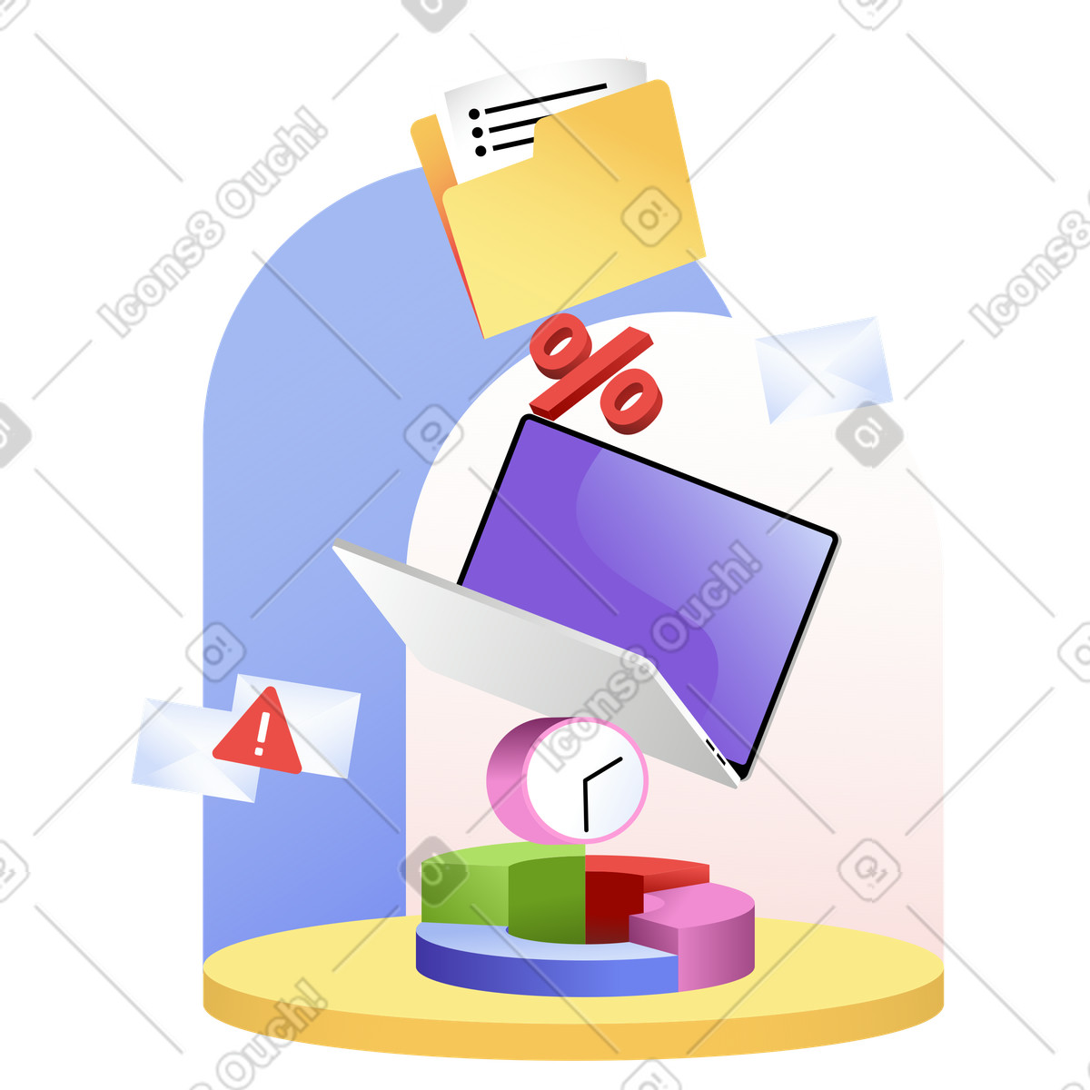 Иллюстрация Laptop, file folder, envelopes and clock в стиле Levels — скачать в форматах PNG, SVG