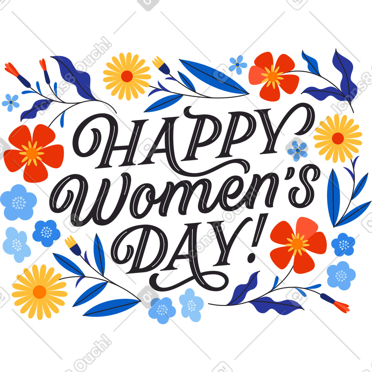 Illustration Lettrage happy women's day avec texte de fleurs lumineuses dans le style Lettering à télécharger aux formats PNG, SVG