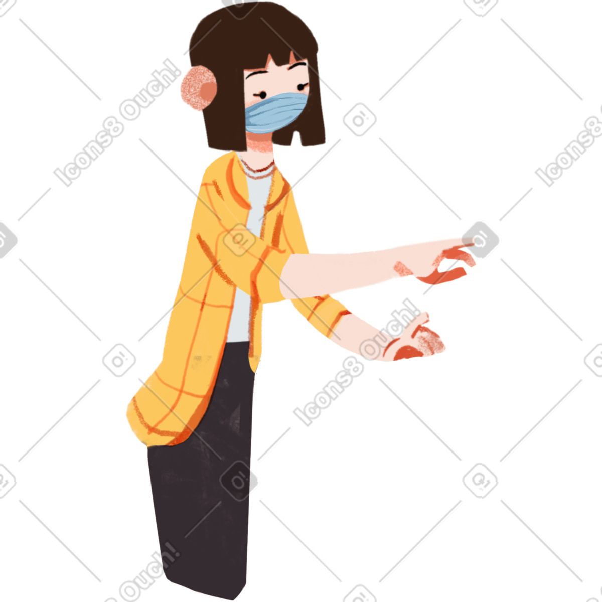 Illustration Asian girl in a mask choosing something dans le style Ikigai à télécharger aux formats PNG, SVG