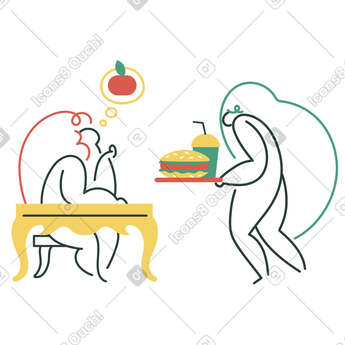 Ilustração de Mulher sonhando com dieta enquanto espera por junk food em no estilo Macaroni para baixar em PNG, SVG