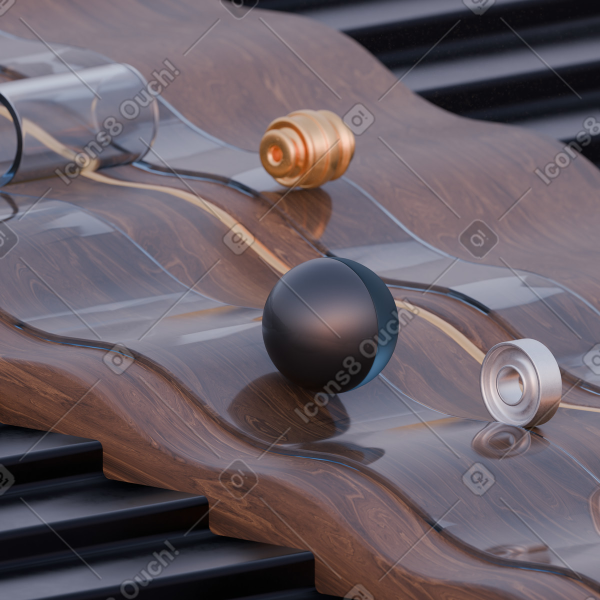 Metal and glass items rolling in lanes, Physics simulation or marble run concept animated illustration 3D Luxe style download GIF, Lottie (JSON), AE