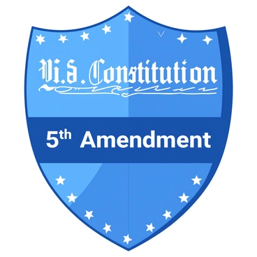 A blue shield is emblazoned with a detailed depiction of the "U.S. Constitution" at its center. In bold lettering, the words "5th Amendment" are displayed prominently across the midsection of the shield. Surrounding the shield are several white stars, evenly spaced, creating a striking contrast against the blue background. The shield has a smooth, polished texture, reflecting light and emphasizing its importance.