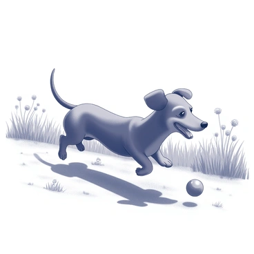 A dachshund with a long body and short legs is running across an open field. Its ears are flapping in the wind as it pursues a small, round ball. The dog's expression is joyful and focused, showcasing its enthusiasm. In the background, the field is filled with tall grass gently swaying. There are patches of wildflowers scattered throughout, adding texture to the landscape. The sun is shining brightly, casting shadows from the dog and the grass.