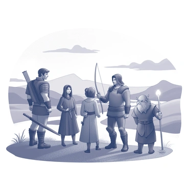 A group of five adventurers stands together at the edge of a vast landscape. The first adventurer is a tall, muscular warrior wearing a rugged, leather armor, with a sword strapped to their back. Next to them is a nimble rogue, cloaked in a dark hood, holding a dagger in one hand while surveying the terrain. The third member is a wise-looking mage, dressed in flowing robes adorned with intricate designs, with a staff in their hand, glowing faintly at the top. The fourth adventurer is a skilled archer, poised with a bow and a quiver of arrows resting at their side, ready for action. The final traveler is a stout dwarf, equipped with a battle axe and a shield, standing proudly at the forefront. Behind them, the vast landscape stretches out, featuring rolling hills, a river winding in the distance, and a mountain range under a sky filled with dramatic clouds.