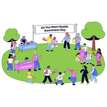 A community event taking place in a park with green grass and trees in the background. There are several colorful informational booths set up, each featuring banners with "Heart Health Tips" and pamphlets displayed on tables. People of various ages engage in activities such as a heart-healthy cooking demonstration, where a chef is preparing colorful vegetables. Nearby, a fitness instructor leads a group in a gentle exercise class. Families are gathered, and children are playing with heart-shaped balloons. A large sign at the entrance reads "Heart Health Awareness Day."