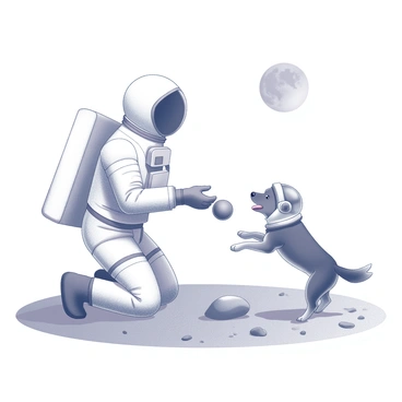 An astronaut in a white space suit is kneeling on the moon's surface, interacting with a small dog. The dog is wearing a miniature space helmet and appears to be playfully jumping around. The astronaut is holding a small toy, possibly a ball or a frisbee, ready to throw it to the dog. The lunar landscape is visible in the background, featuring gray dust and scattered rocks, with the Earth faintly visible in the sky above.