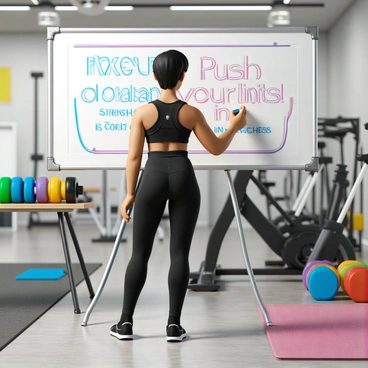 A trainer with short black hair and a fitted workout outfit is standing in front of a gym wall, actively creating motivational posters. The trainer is holding a marker and writing on a large poster board. The background features various workout equipment, such as dumbbells, a stationary bike, and exercise mats. The gym is well-lit, highlighting the posters with phrases like "Push Your Limits" and "Strength in Progress." There are also colorful weights neatly arranged on a shelf nearby.