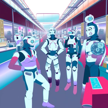 A busy street market bustling with activity, filled with diverse androids of various shapes and sizes. Each android displays unique features, such as sleek metallic surfaces, glowing accents, and intricate circuits visible beneath transparent panels. Stalls are set up along the market with colorful canopies, showcasing an array of gadgets and tech items including holographic displays, advanced robotics parts, and wearable technology. The atmosphere is lively, with androids interacting with each other and customers, highlighting the vibrant exchange of technology and ideas. Bright neon lights illuminate the scene, enhancing the futuristic feel of the market.