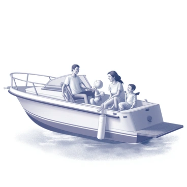 A yacht floating gently on water. The scene captures a family on board, with two parents sitting comfortably on deck chairs, enjoying the warm sunlight. Nearby, two children are playing with a beach ball, laughing and running around the open space of the yacht. Surrounding the family are various nautical elements, including ropes and life jackets, while the clear sky above enhances the cheerful atmosphere. The water glistens in the sunlight, reflecting the joy of their outing.