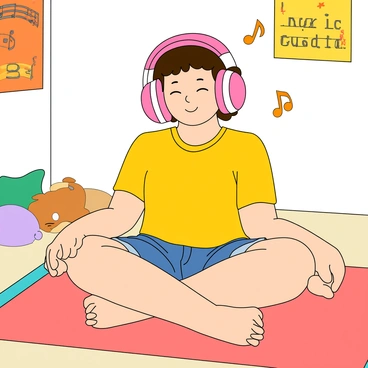 A young girl with light skin and curly brown hair is sitting cross-legged on a soft, colorful rug. She is wearing a bright yellow t-shirt and denim shorts. On her head are large, oversized headphones that are pink with white accents. Her eyes are closed, and she has a peaceful expression on her face as she enjoys the music. Around her, small musical notes float in the air, adding a whimsical touch to the scene. The room is decorated with cheerful posters and a few plush toys scattered nearby, creating a cozy and playful atmosphere.