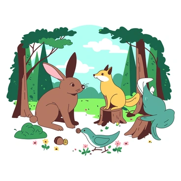 A group of various animals is gathered in a forest clearing, engaging in a lively conversation. In the center, a brown rabbit with large ears is animatedly talking to a curious yellow fox. Nearby, a teal squirrel sits on a tree stump, listening intently while nibbling on an acorn. A white dove perches on a low branch, cooing softly as it observes the interaction. Surrounding them, tall green trees create a natural frame, and patches of colorful wildflowers dot the forest floor, contributing to the vibrant atmosphere. The sun filters through the leaves, casting playful shadows across the clearing.
