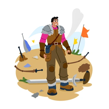 A lone mercenary stands with a determined posture amidst the wreckage of a battlefield. They are wearing a rugged, weathered armor adorned with various pouches and a noticeable sword sheathed at their side. The ground is littered with debris, including broken weapons, scattered shields, and remnants of battle banners fluttering in the breeze. Smoke rises in the background, adding a dramatic effect to the desolate scene. The mercenary's expression is focused, as they scan the horizon for any signs of movement, emphasizing their role as a vigilant guardian in this chaotic environment.