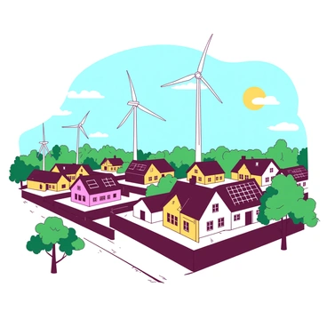 A small town with cozy houses featuring solar panels installed on their rooftops. The houses are arranged in neat rows, showcasing a variety of colors. In the background, several tall wind turbines are prominently visible, their blades spinning gently in the breeze. The sky above is clear, and the sun shines brightly, casting light on the town and enhancing the colors of the buildings. Green trees line the streets, adding a touch of nature to the scene.