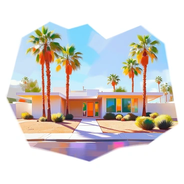 A mid-century modern home featuring large floor-to-ceiling windows that allow sunlight to pour into the interior. The exterior of the house showcases clean lines and a flat roof, characteristic of mid-century architecture. Surrounding the home are several tall, lush palm trees swaying gently in the breeze. The landscaping includes desert plants, with a gravel pathway leading up to the entrance of the home. In the background, a clear blue sky enhances the overall aesthetic of the Palm Springs location.