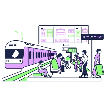 An illustration of a train station platform is depicted. The platform is busy with passengers waiting for their trains. To the left, there are two tracks, each marked with clear labels indicating the train destinations. On the platform, there are benches for seating, with a few people sitting and reading. A large sign hangs above the platform, displaying train schedules and various signage that indicates directions and services available at the station. In the background, a train can be seen approaching, with its headlights shining brightly. The scene is filled with details of people, luggage, and the infrastructure typical of a train station.