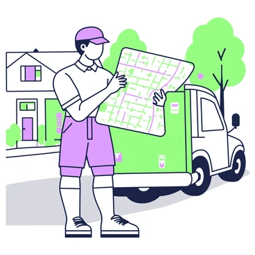 A postman is standing outside, holding a map in his hands as he plans his delivery route. He is wearing a uniform consisting of a cap, a short-sleeve shirt, and shorts with knee-high socks. The map is open and features various streets and landmarks. He stands next to a postal delivery vehicle, which is parked nearby. In the background, there are houses with mailboxes and trees lining the street, providing a sense of the neighborhood environment. The postman appears focused and attentive as he examines the map for efficient navigation.