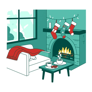 A cozy living room with stockings hung by the fireplace and a warm fire burning