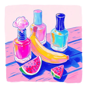 A collection of nail polishes is displayed on a wooden surface. Each bottle is uniquely shaped, resembling various food items. One bottle is a bright pink, inspired by cotton candy, with a fluffy texture design on the cap. Another bottle is shaped like a banana, with a glossy yellow finish. A third bottle is designed to look like a raspberry, featuring a deep red hue with a bumpy surface. Nearby, there is a mint green bottle reminiscent of a slice of watermelon, adorned with tiny black seeds. The arrangement showcases the vibrant colors and creative designs, creating an eye-catching display.
