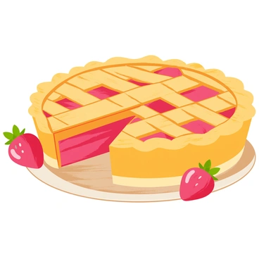 A freshly baked strawberry pie sitting on a wooden table. The pie has a golden lattice crust, intricately woven over the top. Bright red strawberries peek through the gaps in the crust, glistening with a glossy glaze. A few whole strawberries are positioned around the pie, emphasizing the fresh fruit ingredients. The crust is slightly puffed, indicating a perfectly baked texture. A small slice of the pie is cut out, revealing the juicy filling inside.