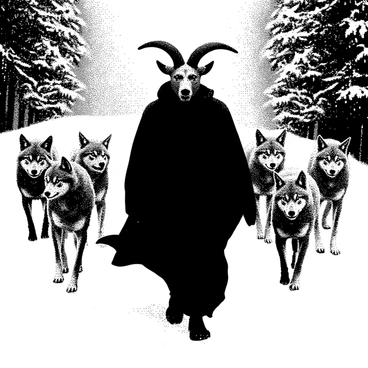 A figure resembling "Baphomet" is walking confidently through a snowy landscape. The figure has a goat-like head, complete with prominent horns, and is draped in a flowing robe. Surrounding "Baphomet" is a pack of wolves, each with intense gazes and poised stances, their fur detailed and blending into the stark whiteness of the snow. The ground is covered in a thick layer of snow, with soft snowflakes falling gently around them. In the background, there are frosted trees, their branches heavy with snow. The atmosphere conveys a sense of stillness as the group moves through the winter scene.