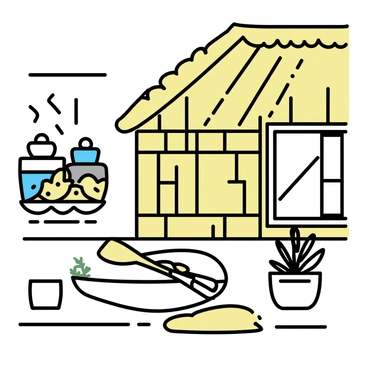 A cozy Scandinavian cottage, featuring a wooden exterior with a thatched roof. The interior reveals a simple wooden table, adorned with a traditional ceramic plate of pickled herring, garnished with fresh herbs. Sunlight streams through a nearby window, illuminating the rustic decor, including woven textiles and wooden utensils. A small potted plant sits on the table, adding a touch of greenery to the scene.